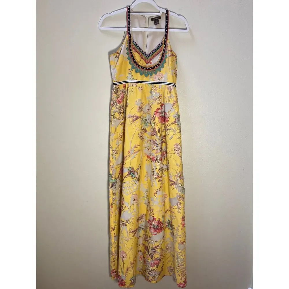 Vineet Bahl Anthropologie Yellow Floral Embroidery Maxi Dress ~ Sz 0 ~ LOVE! - Picture 5 of 10